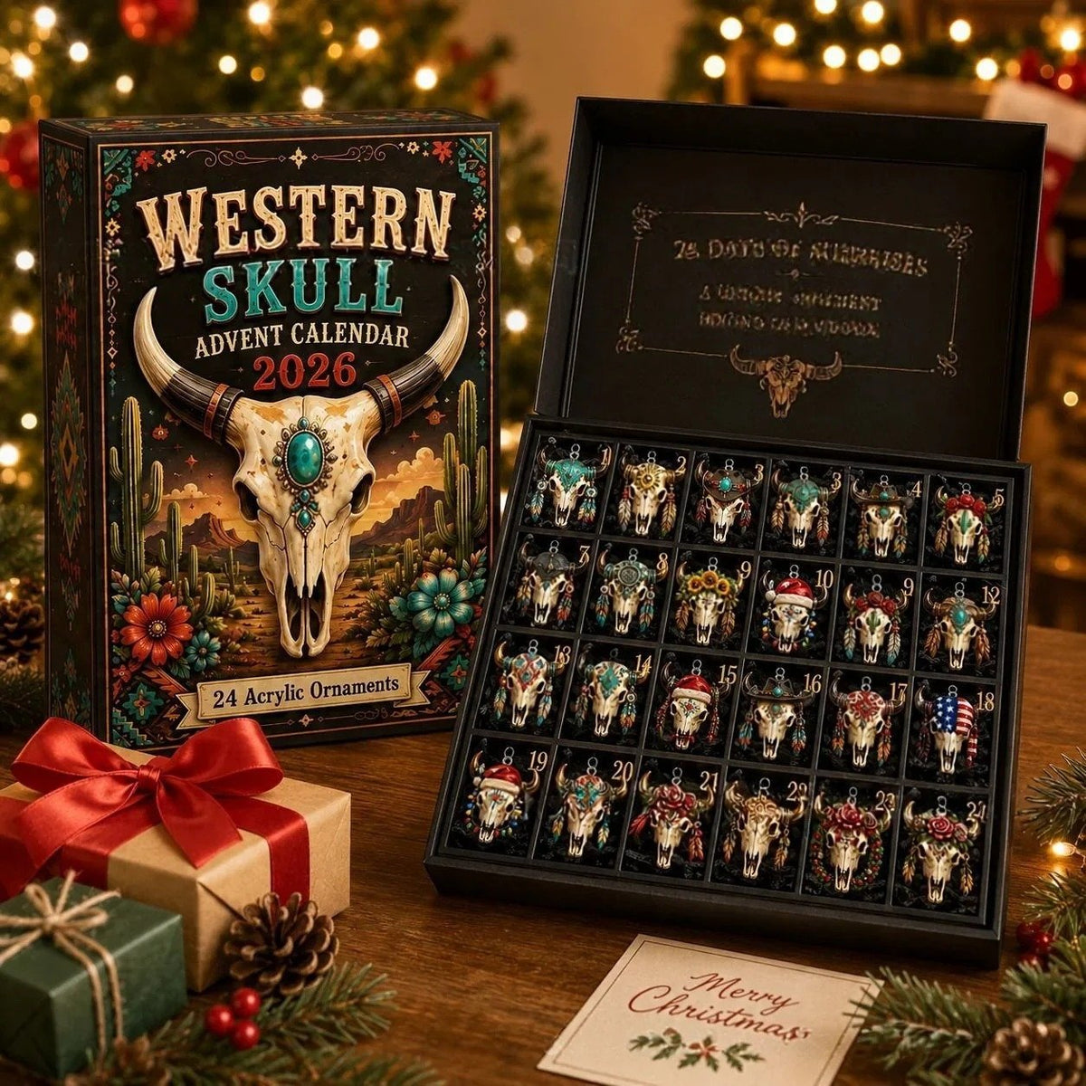 ⏰Limited Stock 49% OFF🤠 2026 Western Skull Christmas Advent Calendar – 24 Unique Cowgirl & Cowboy Skull Ornaments, Acrylic Charms Blind Box